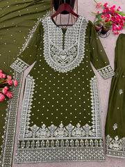 Decent Embroidery Sequence Work Mehndi Color Sharara Suit