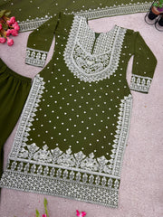 Decent Embroidery Sequence Work Mehndi Color Sharara Suit