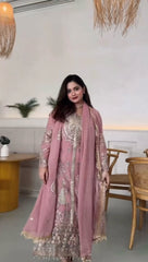 Demanding Embroidery Sequence Work Peach Color Anarkali Suit