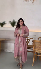 Demanding Embroidery Sequence Work Peach Color Anarkali Suit