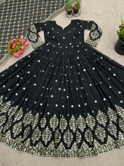 Mesmerizing Embroidery Sequence Work Black Color Long Gown