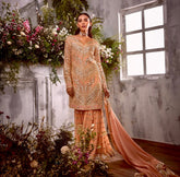 Fashionable Sequences Embroidery Work Peach Color Sharara Suit
