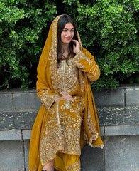 Demanding Embroidery Sequence Work Yellow Color Anarkali Suit