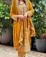 Demanding Embroidery Sequence Work Yellow Color Anarkali Suit