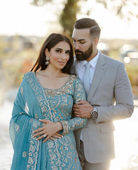 Delightful Embroidery Sequence Sky Blue Color Top With Lehenga