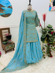 Delightful Embroidery Sequence Sky Blue Color Top With Lehenga