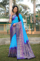 Flattering Bandhej Kanjivaram Silk Sky Blue Color Saree