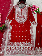 Decent Embroidery Sequence Work Red Color Sharara Suit