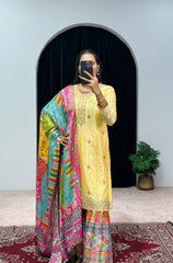 Beautiful Embroidery Work Yellow Color Sharara Suit