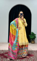 Beautiful Embroidery Work Yellow Color Sharara Suit