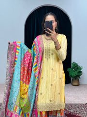 Beautiful Embroidery Work Yellow Color Sharara Suit