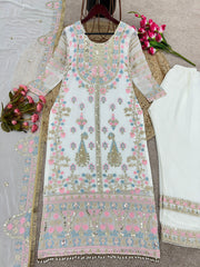 Demanding Embroidery Sequence Work White Color Anarkali Suit