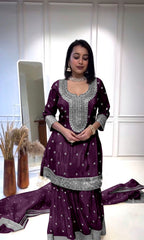 Elegant Embroidery Sequence Work Purple Color Sharara Suit