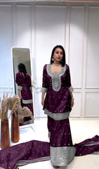 Elegant Embroidery Sequence Work Purple Color Sharara Suit