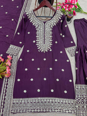 Elegant Embroidery Sequence Work Purple Color Sharara Suit
