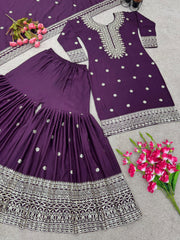 Elegant Embroidery Sequence Work Purple Color Sharara Suit