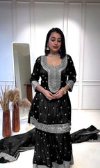 Elegant Embroidery Sequence Work Black Color Sharara Suit