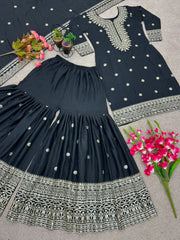 Elegant Embroidery Sequence Work Black Color Sharara Suit