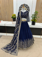 Captivating Navy Blue Color Heavy Embroidery Sequence Work Lehengha Choli