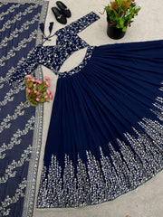 Captivating Navy Blue Color Heavy Embroidery Sequence Work Lehengha Choli