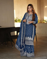 Decent Embroidery Sequence Work Nevy Blue Color Sharara Suit