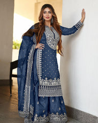 Decent Embroidery Sequence Work Nevy Blue Color Sharara Suit