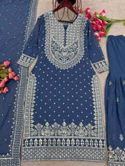 Decent Embroidery Sequence Work Nevy Blue Color Sharara Suit