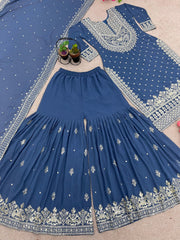 Decent Embroidery Sequence Work Nevy Blue Color Sharara Suit