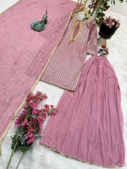 Captivating Sequence Embroidery Work Peach Color Sharara Suit