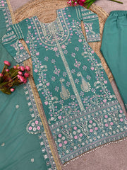 Mesmerizing Embroidery Sequence Work Rama Color Anarkali Suit