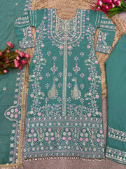 Mesmerizing Embroidery Sequence Work Rama Color Anarkali Suit