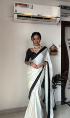 Embellished Pure Soft Sattin Silk Ready To Wear White Color Saree