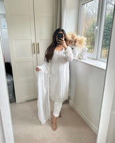 Fashionable Embroidery Work White Color Anarkali Suit