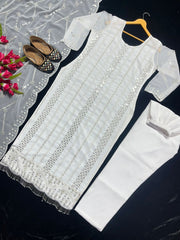 Fashionable Embroidery Work White Color Anarkali Suit