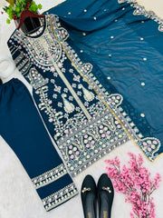 Demanding Embroidery Sequence Work Teal Blue Color Anarkali Suit