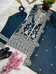 Demanding Embroidery Sequence Work Teal Blue Color Anarkali Suit