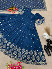 Beautiful Heavy Embroidery Sequence Navy Blue Color Gown