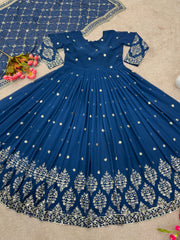 Beautiful Heavy Embroidery Sequence Navy Blue Color Gown