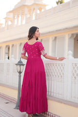 Wonderful Pink Color Zari Thread Sequence Work Gown