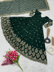 Mesmerizing Embroidery Sequence Work Green Color Long Gown