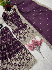 Gorgeous Embroidery Sequence Work Wine Color Sharara Suit