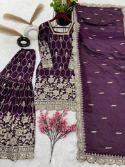Gorgeous Embroidery Sequence Work Wine Color Sharara Suit