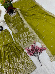 Gorgeous Embroidery Sequence Work Perrot Color Sharara Suit