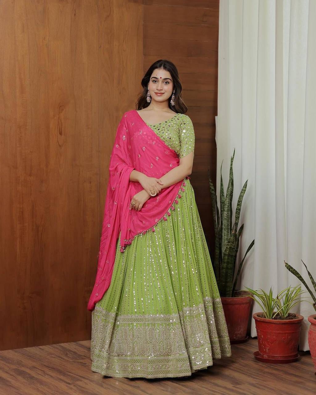 Traditional Wear Parrot Green Lehenga Choli With Pink Dupatta RangmatiFashion