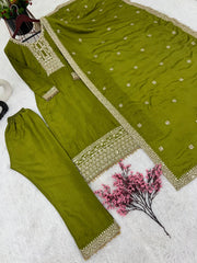 Exotic Embroidery Work Perrot Color Anarkali Suit