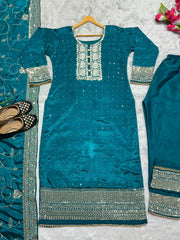 Embellished Embroidery Work Rama Color Anarkali Suit