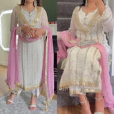 Terrific Embroidered White Salwar Suit With Pink Dupatta