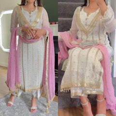 Terrific Embroidered White Salwar Suit With Pink Dupatta