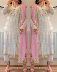 Terrific Embroidered White Salwar Suit With Pink Dupatta