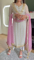 Terrific Embroidered White Salwar Suit With Pink Dupatta